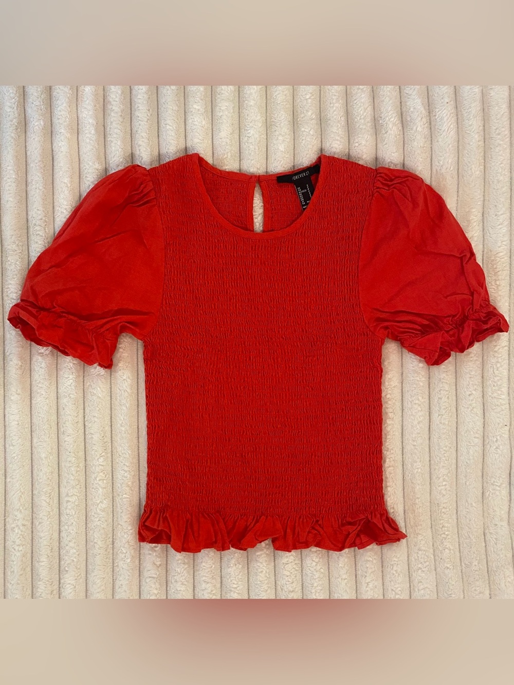 Forever 21 Red Smocked Puff Sleeve Blouse Top